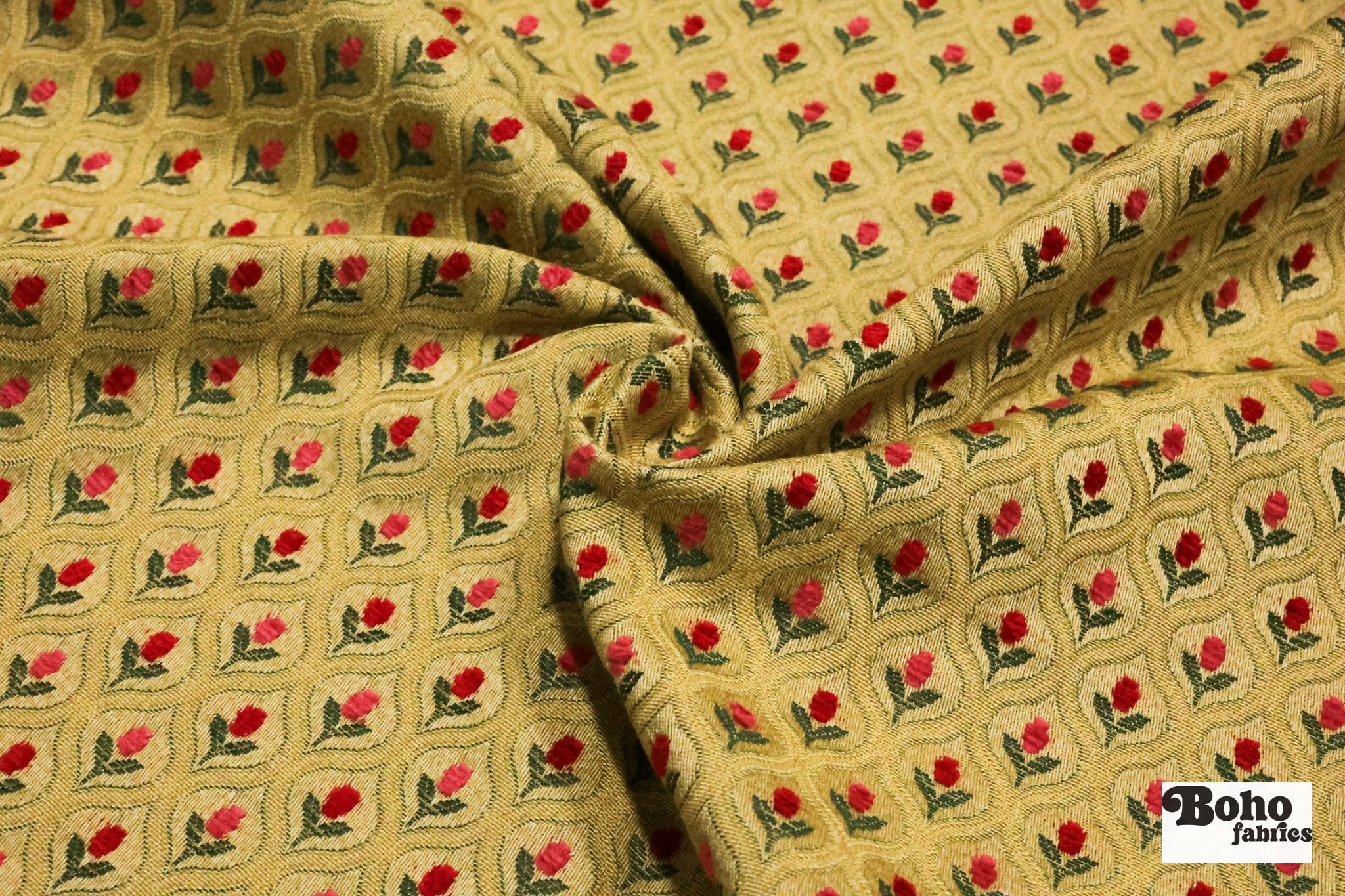 Crimson & Gold Ogee Tulips Jacquard Woven Fabric - Boho Fabrics - Jacquard, Woven
