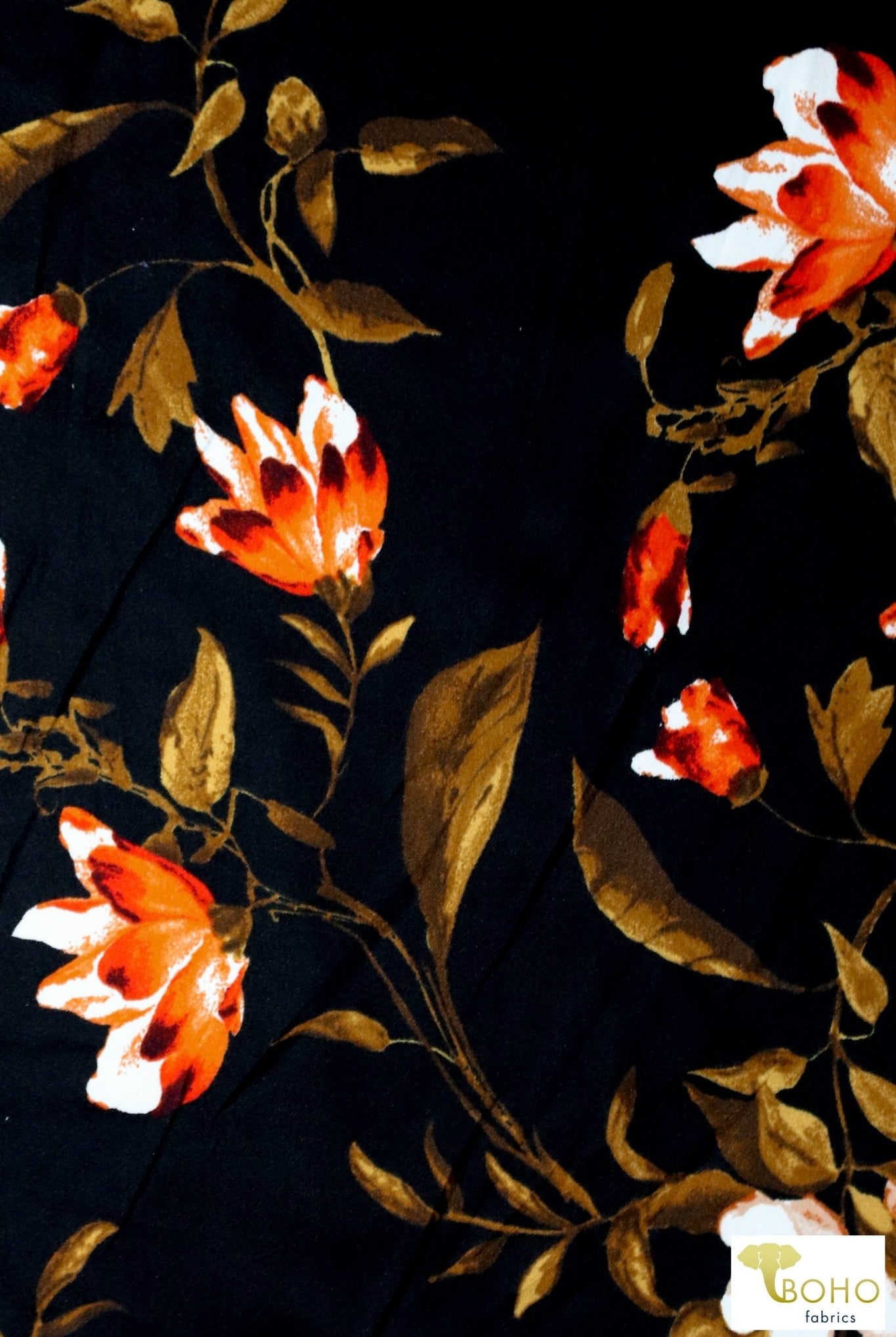 Crocus & Magnolias on Black, Scuba Crepe Knit. SCU-119-BLK - Boho Fabrics