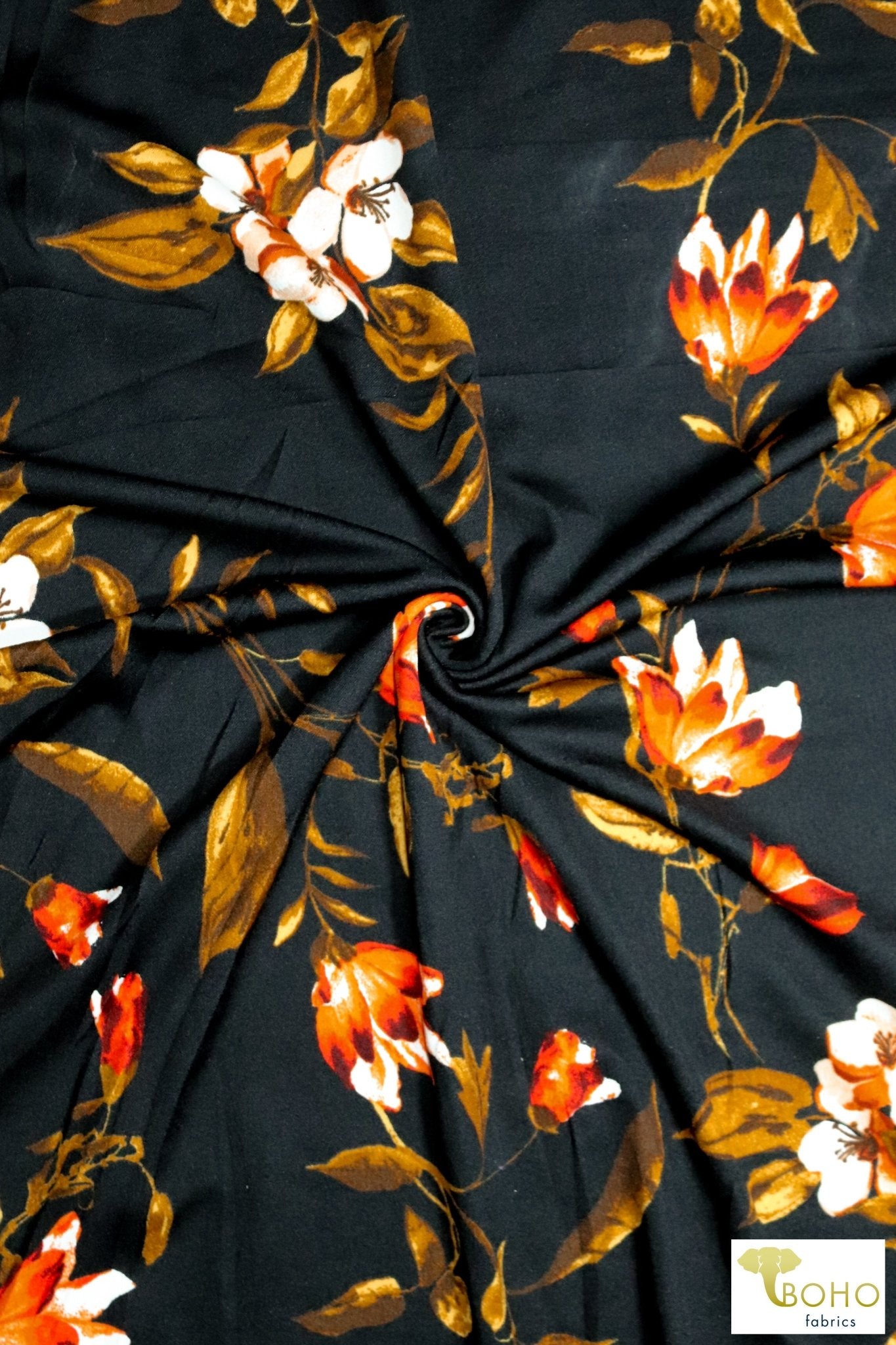 Crocus & Magnolias on Black, Scuba Crepe Knit. SCU-119-BLK - Boho Fabrics