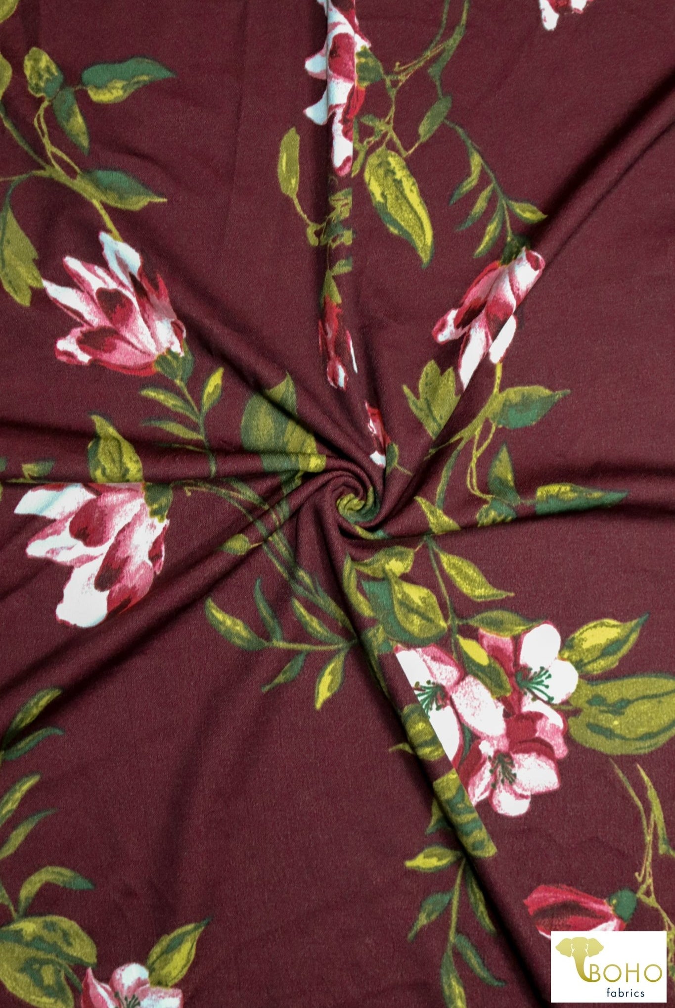Crocus & Magnolias on Red, Scuba Crepe Knit. SCU-119-RED - Boho Fabrics