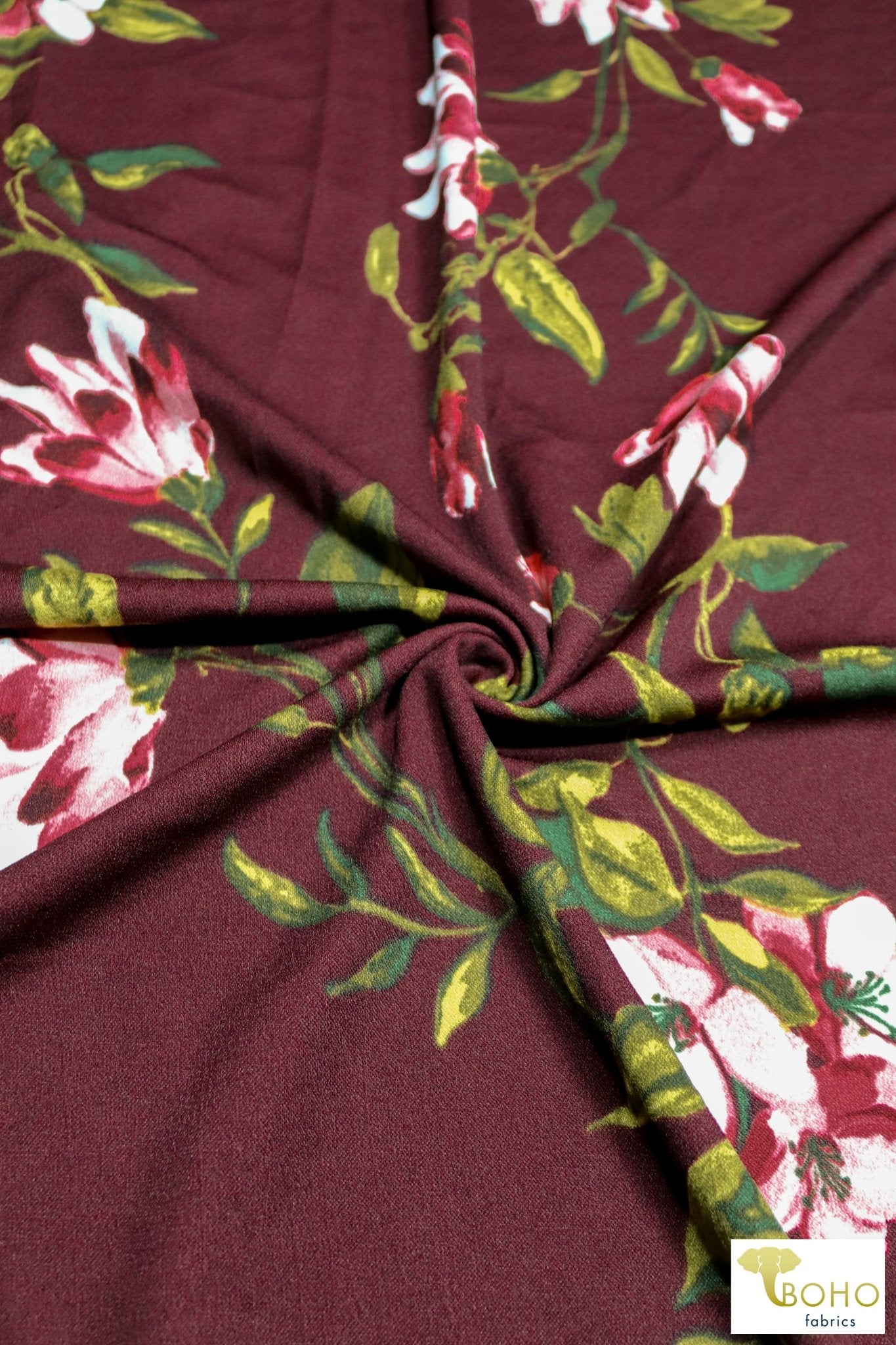 Crocus & Magnolias on Red, Scuba Crepe Knit. SCU-119-RED - Boho Fabrics