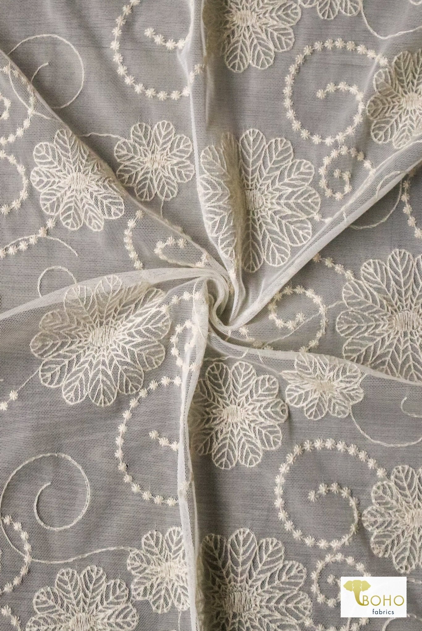 Dahlia Swirls, Ivory Embroidered Mesh. Special Occasion Fabric. - Boho Fabrics