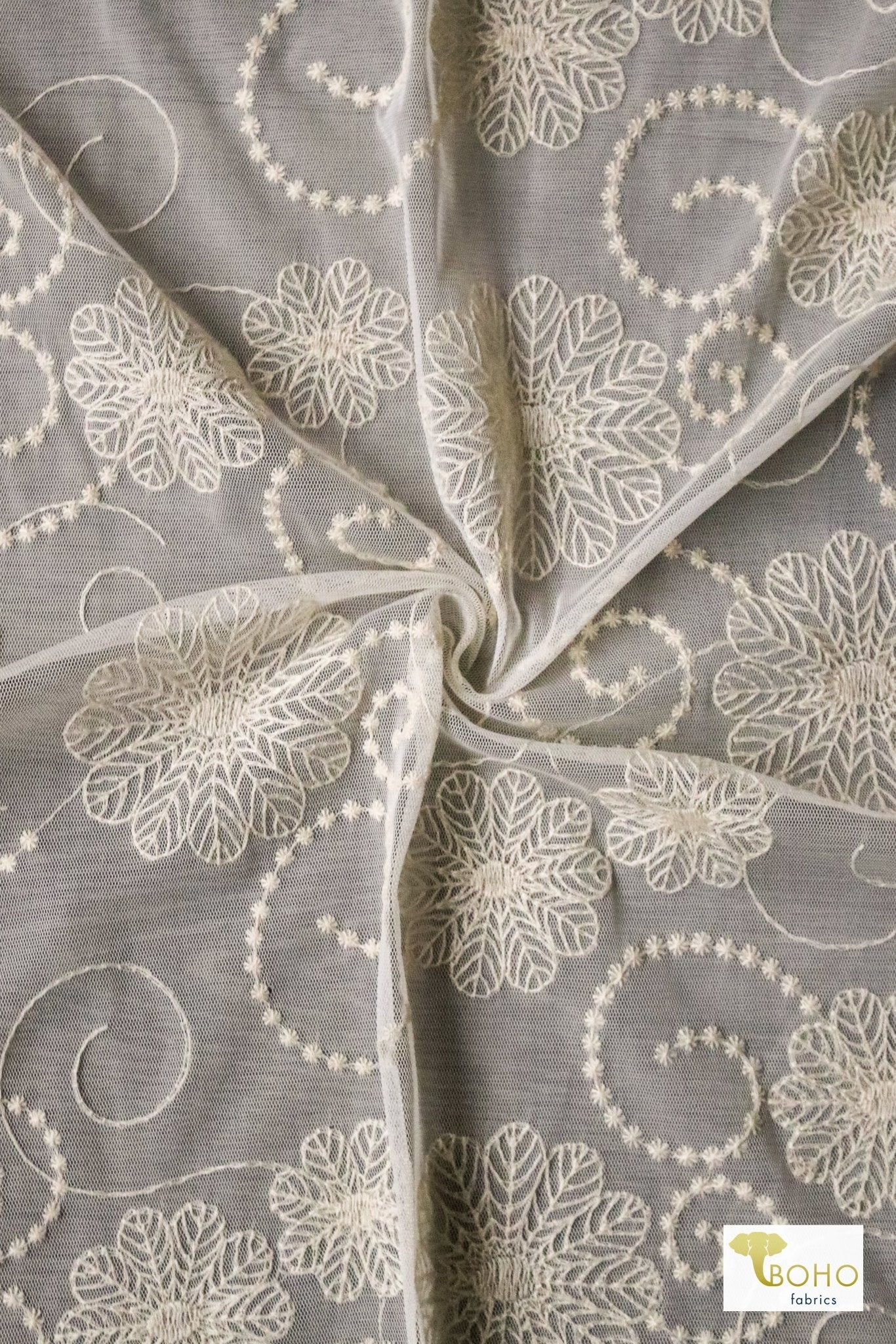 Dahlia Swirls, Ivory Embroidered Mesh. Special Occasion Fabric. - Boho Fabrics