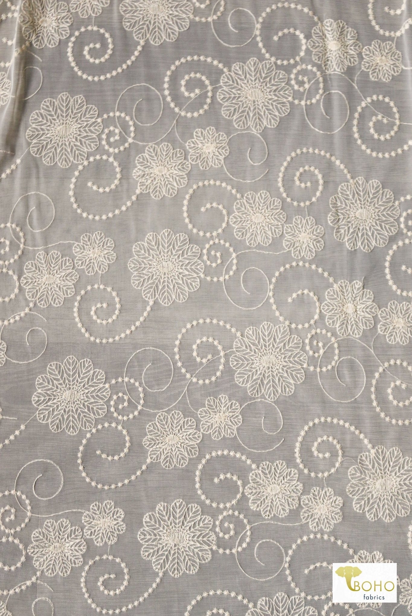 Dahlia Swirls, Ivory Embroidered Mesh. Special Occasion Fabric. - Boho Fabrics