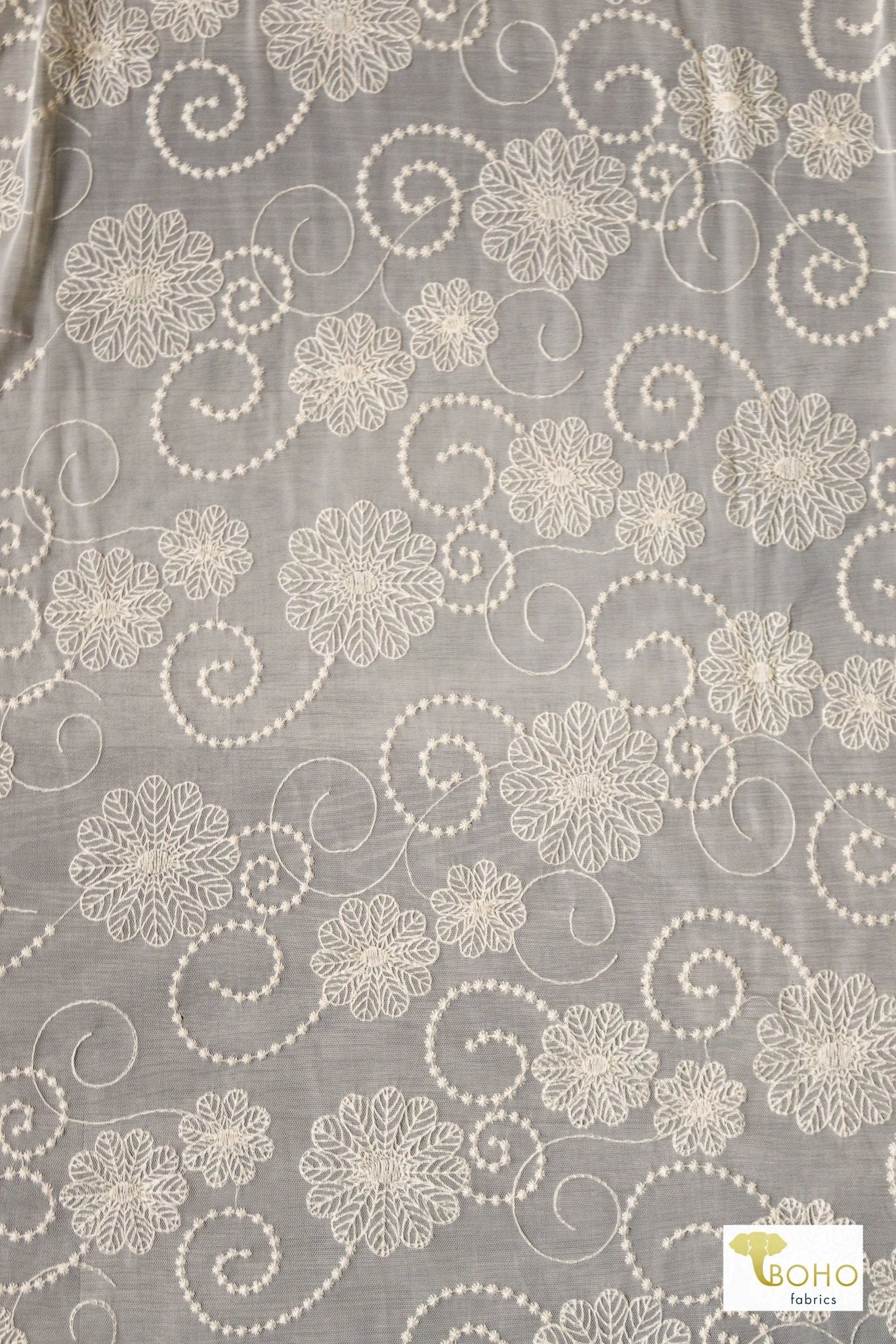 Dahlia Swirls, Ivory Embroidered Mesh. Special Occasion Fabric. - Boho Fabrics