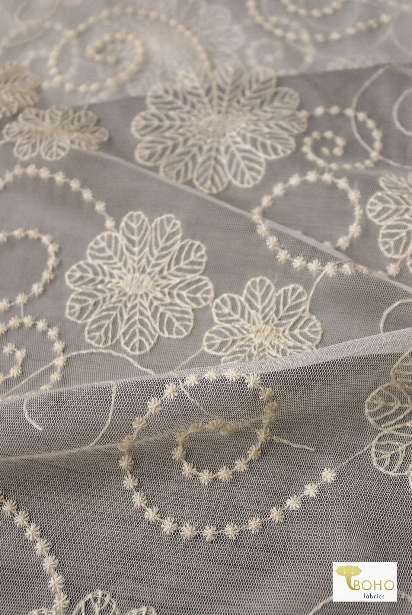 Dahlia Swirls, Ivory Embroidered Mesh. Special Occasion Fabric. - Boho Fabrics