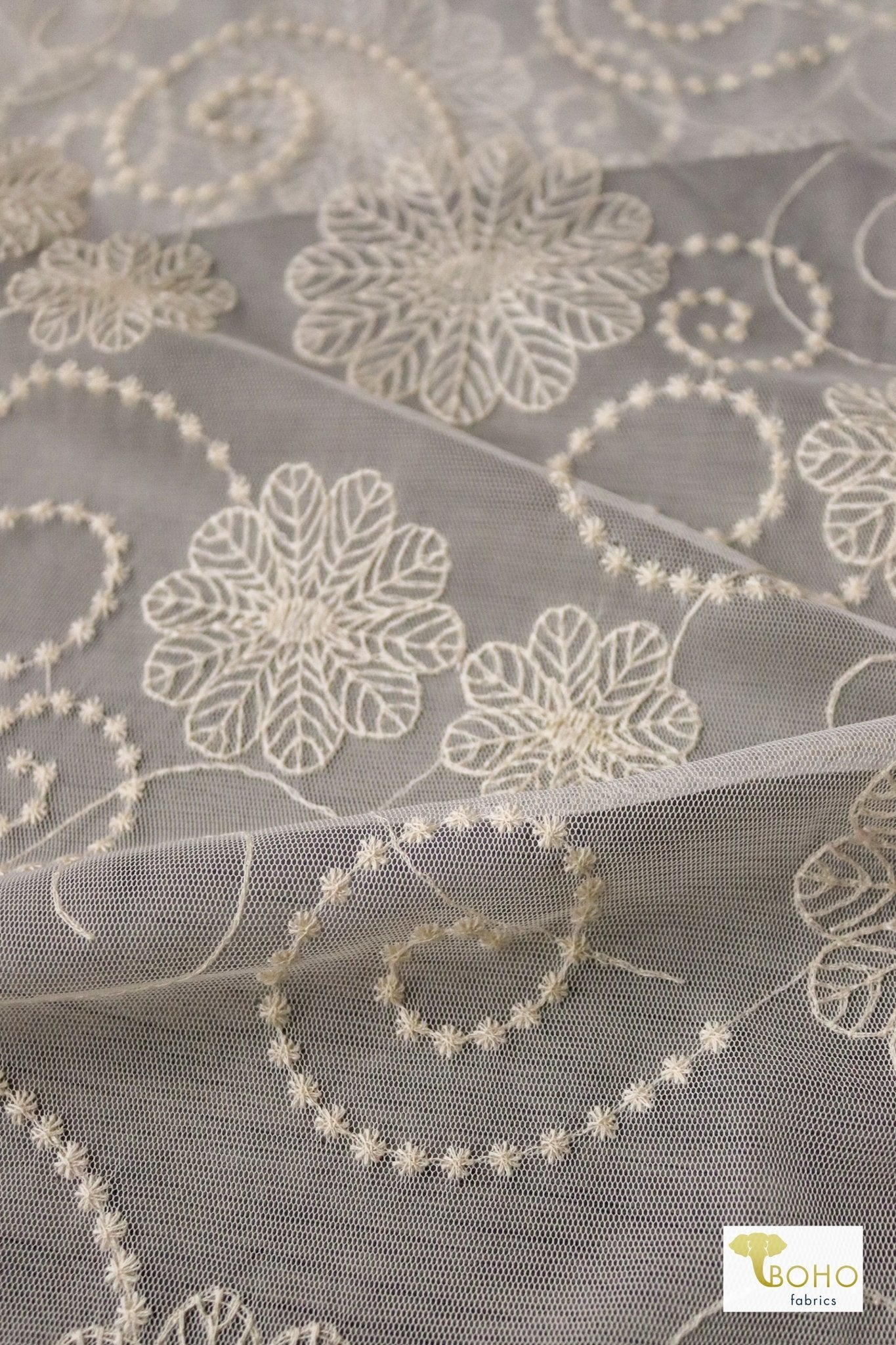 Dahlia Swirls, Ivory Embroidered Mesh. Special Occasion Fabric. - Boho Fabrics