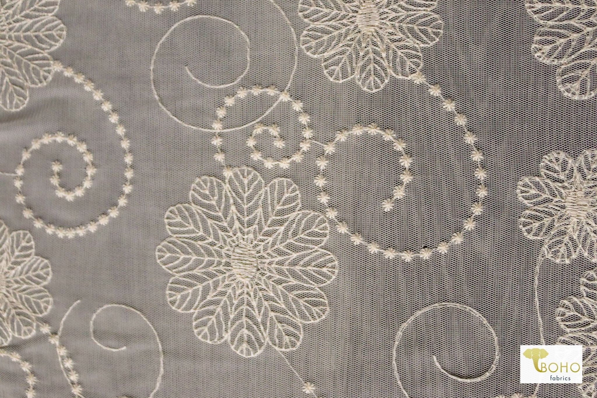 Dahlia Swirls, Ivory Embroidered Mesh. Special Occasion Fabric. - Boho Fabrics