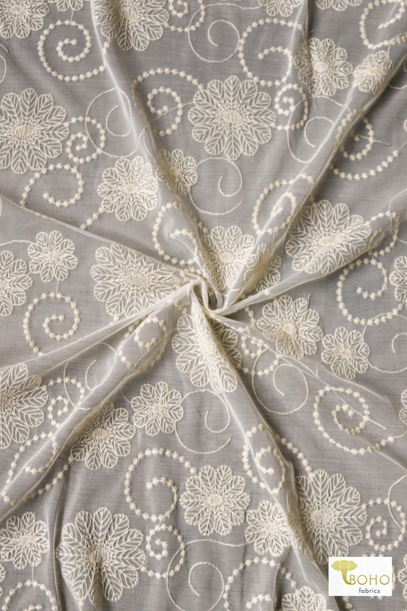 Dahlia Swirls, Ivory Embroidered Mesh. Special Occasion Fabric. - Boho Fabrics