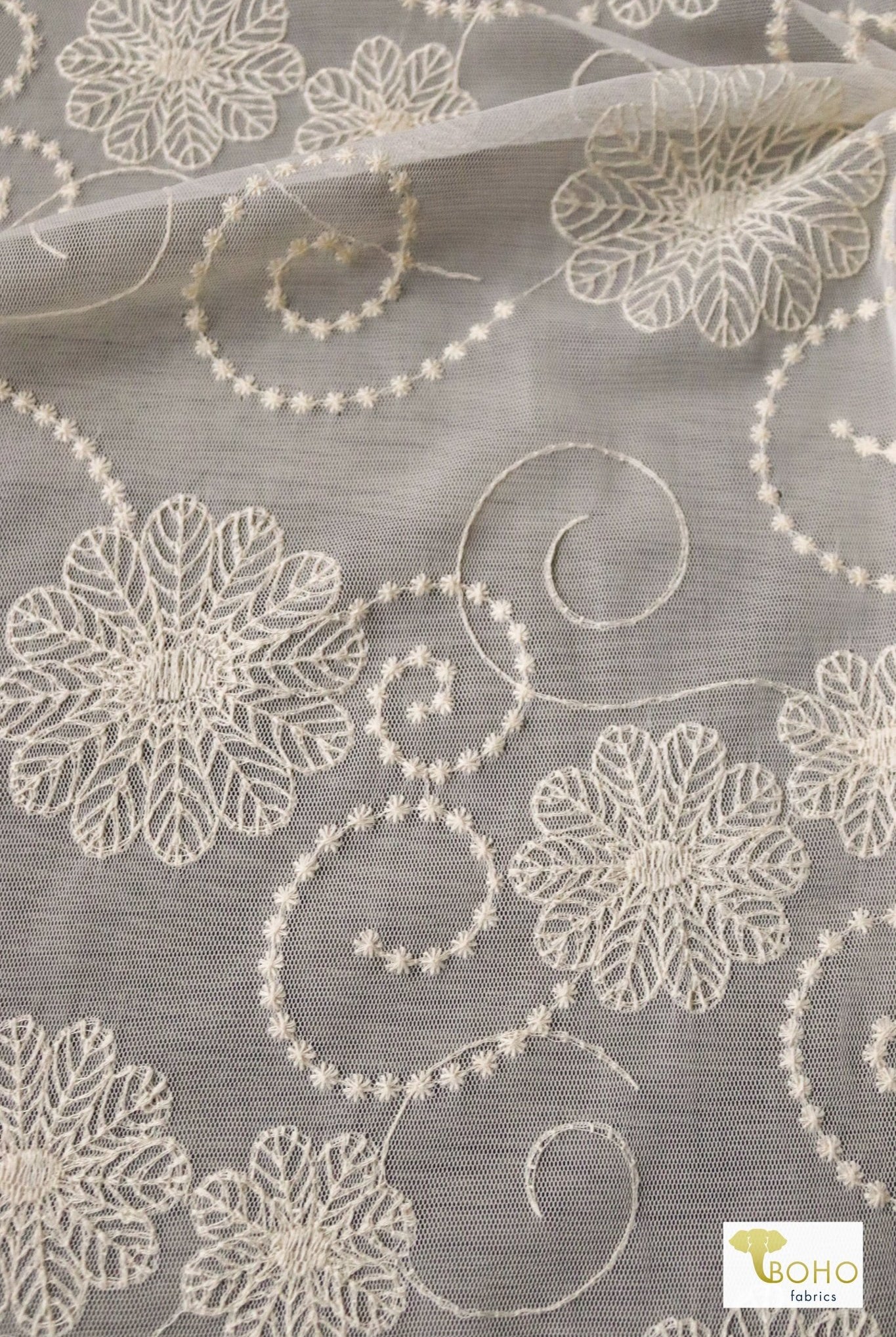 Dahlia Swirls, Ivory Embroidered Mesh. Special Occasion Fabric. - Boho Fabrics