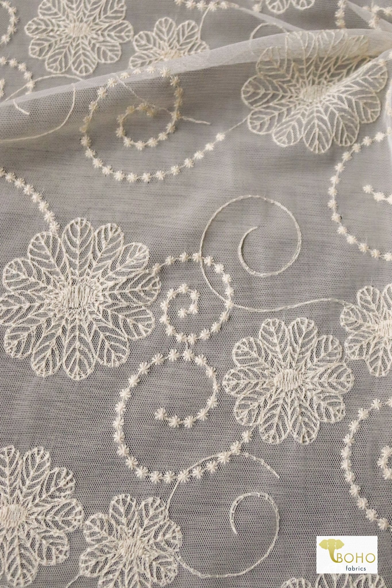 Dahlia Swirls, Ivory Embroidered Mesh. Special Occasion Fabric. - Boho Fabrics
