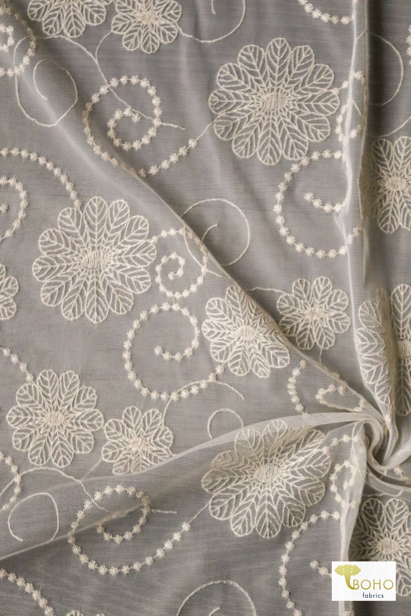Dahlia Swirls, Ivory Embroidered Mesh. Special Occasion Fabric. - Boho Fabrics