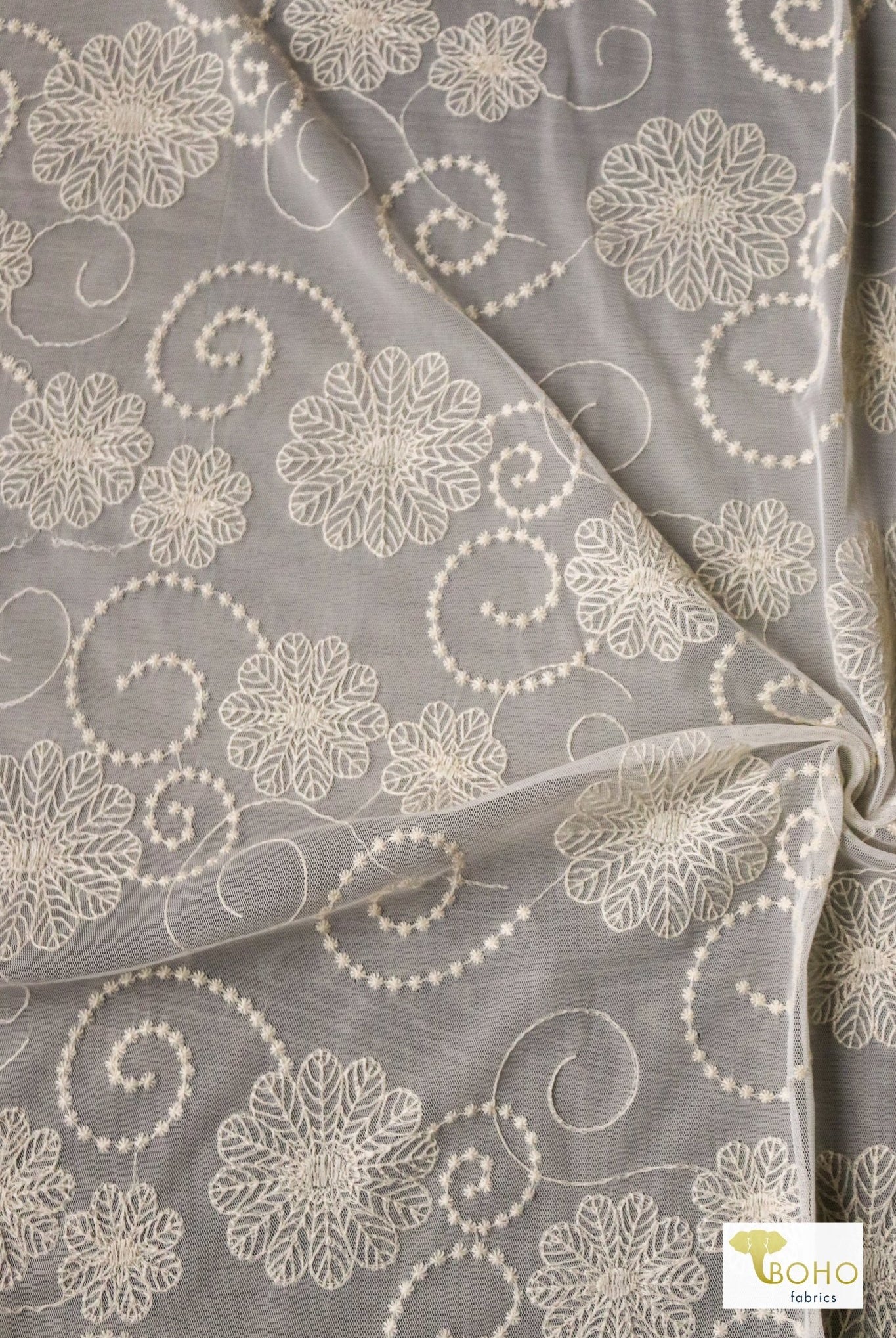 Dahlia Swirls, Ivory Embroidered Mesh. Special Occasion Fabric. - Boho Fabrics