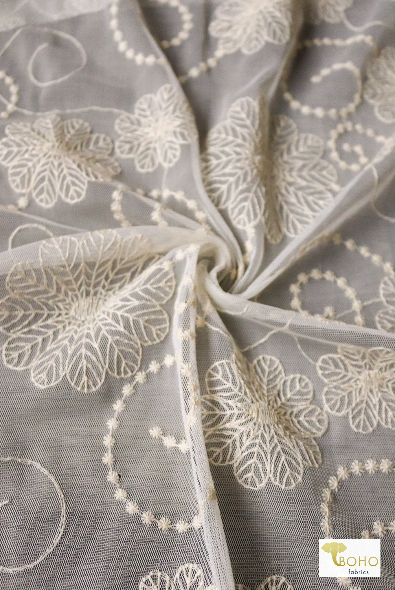 Dahlia Swirls, Ivory Embroidered Mesh. Special Occasion Fabric. - Boho Fabrics