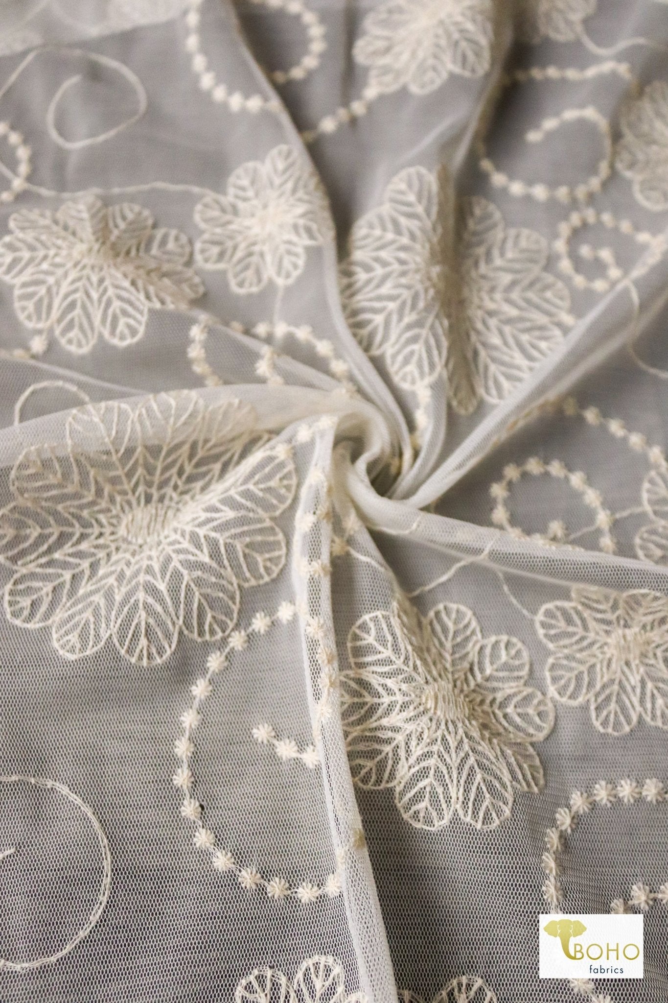 Dahlia Swirls, Ivory Embroidered Mesh. Special Occasion Fabric. - Boho Fabrics