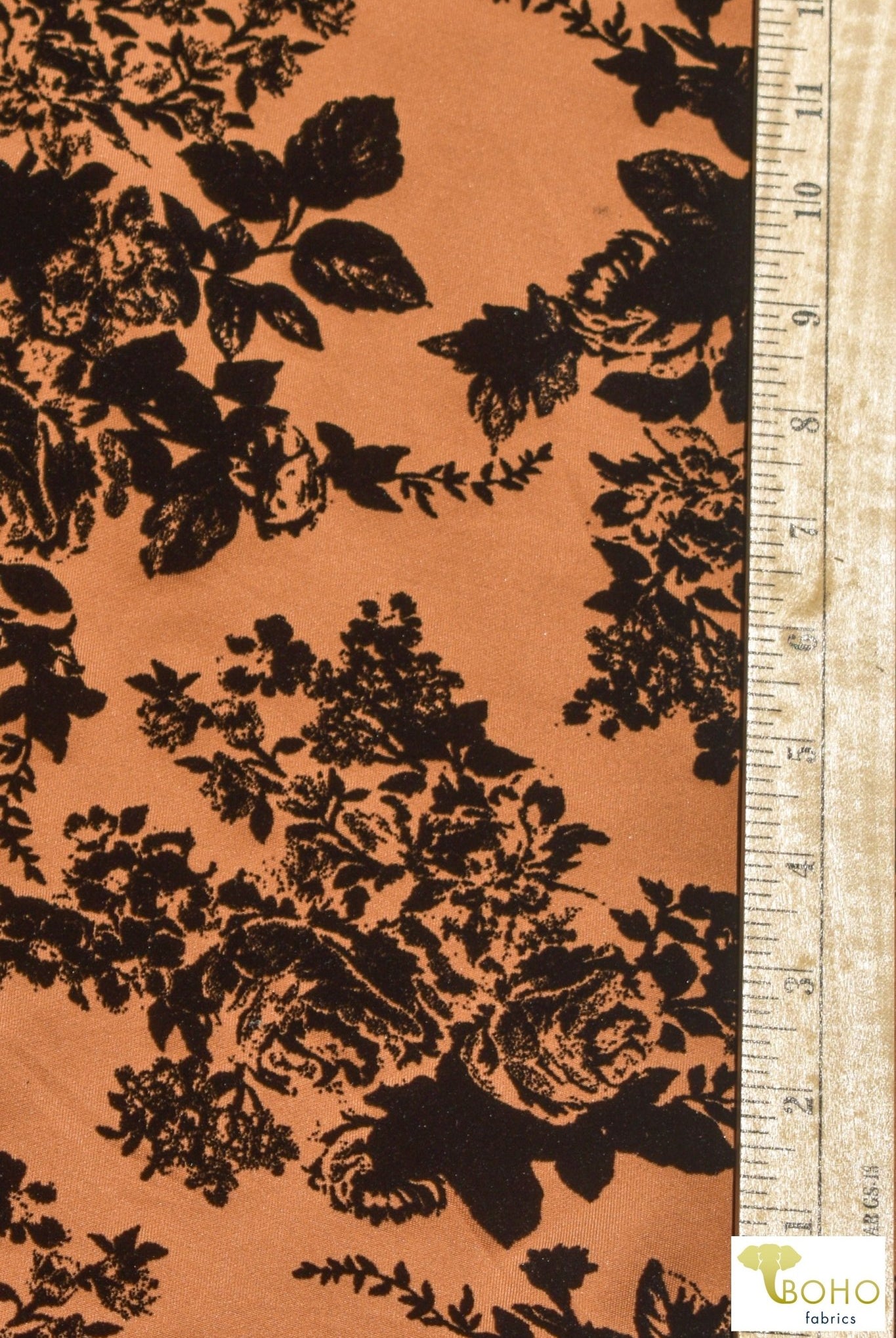 "Daphne" Florals on Tangerine. Velvet Flocked Scuba Knit. SCU-111-ORG - Boho Fabrics