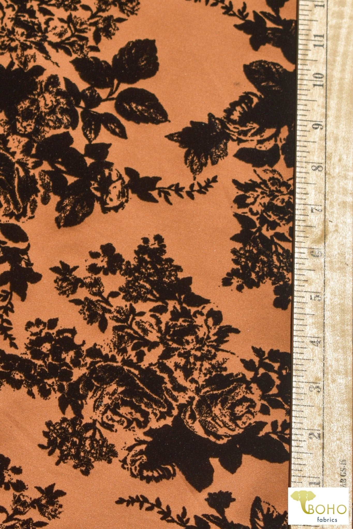 "Daphne" Florals on Tangerine. Velvet Flocked Scuba Knit. SCU-111-ORG - Boho Fabrics