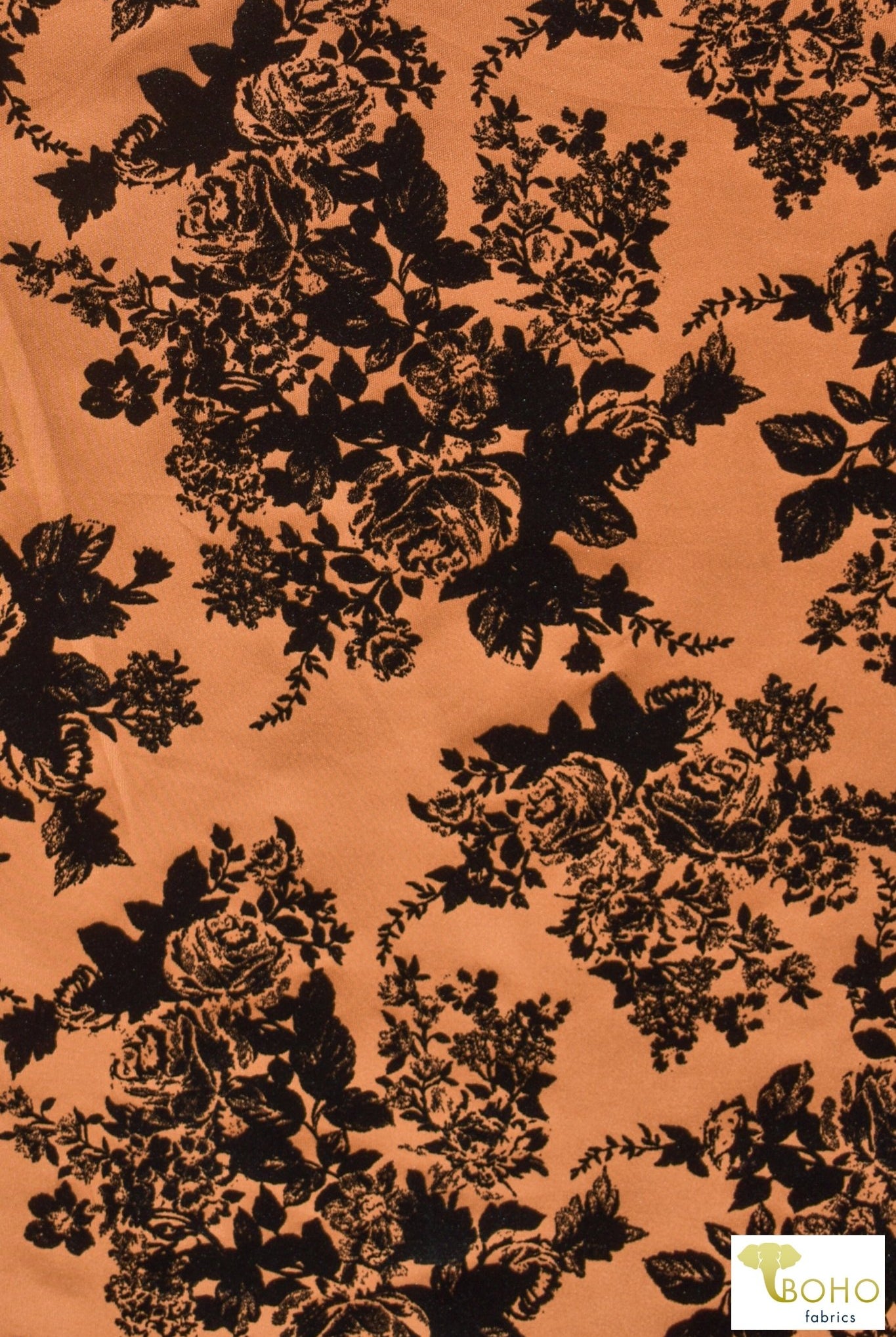 "Daphne" Florals on Tangerine. Velvet Flocked Scuba Knit. SCU-111-ORG - Boho Fabrics