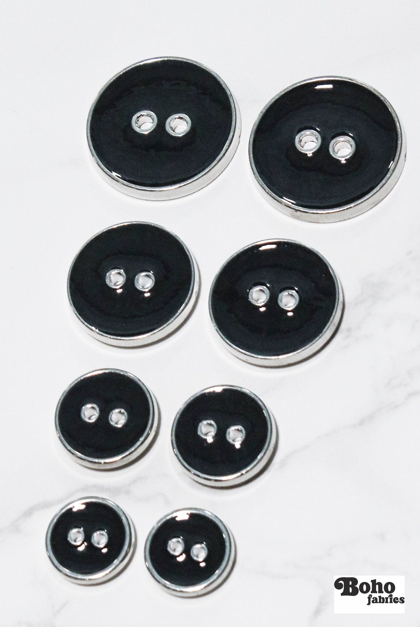 Dark Charcoal Silver Rimmed Two - hole Buttons. Available in 12.5mm (20L), 15mm (24L), 23mm (36L), and 25mm (40L) - Boho Fabrics - Buttons & Snaps