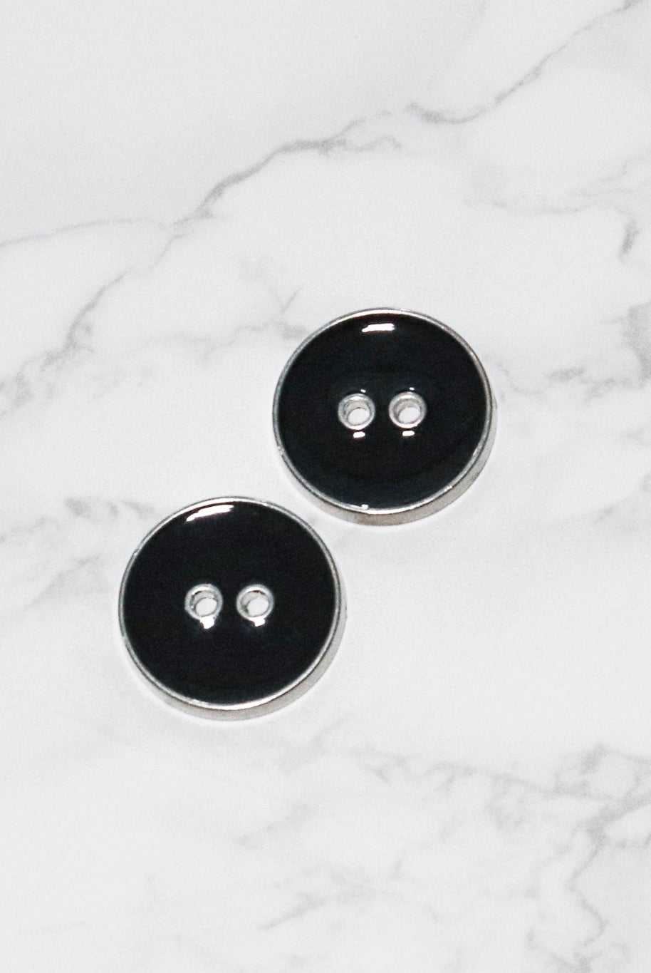 Dark Charcoal Silver Rimmed Two - hole Buttons. Available in 12.5mm (20L), 15mm (24L), 23mm (36L), and 25mm (40L) - Boho Fabrics - Buttons & Snaps