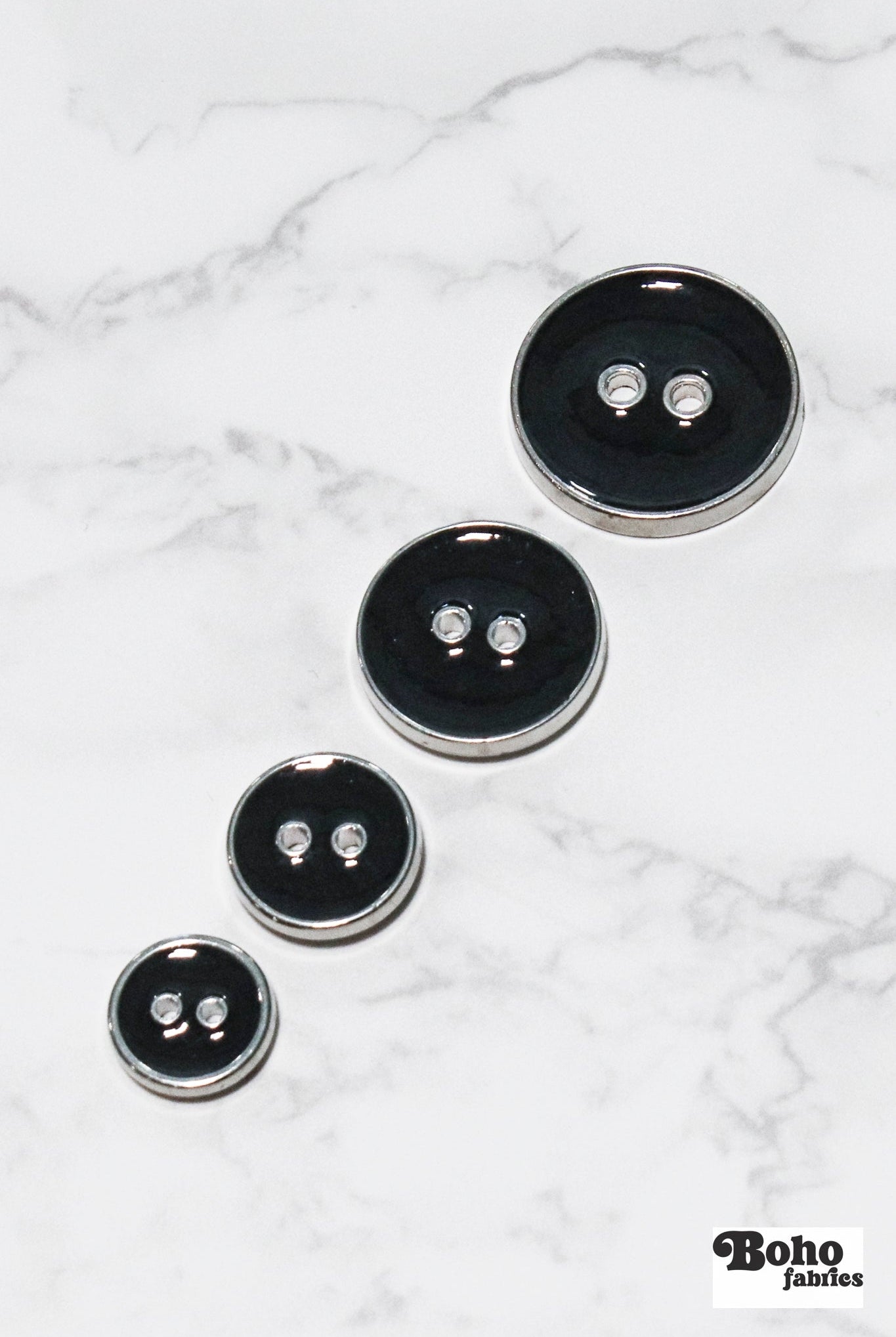 Dark Charcoal Silver Rimmed Two - hole Buttons. Available in 12.5mm (20L), 15mm (24L), 23mm (36L), and 25mm (40L) - Boho Fabrics - Buttons & Snaps