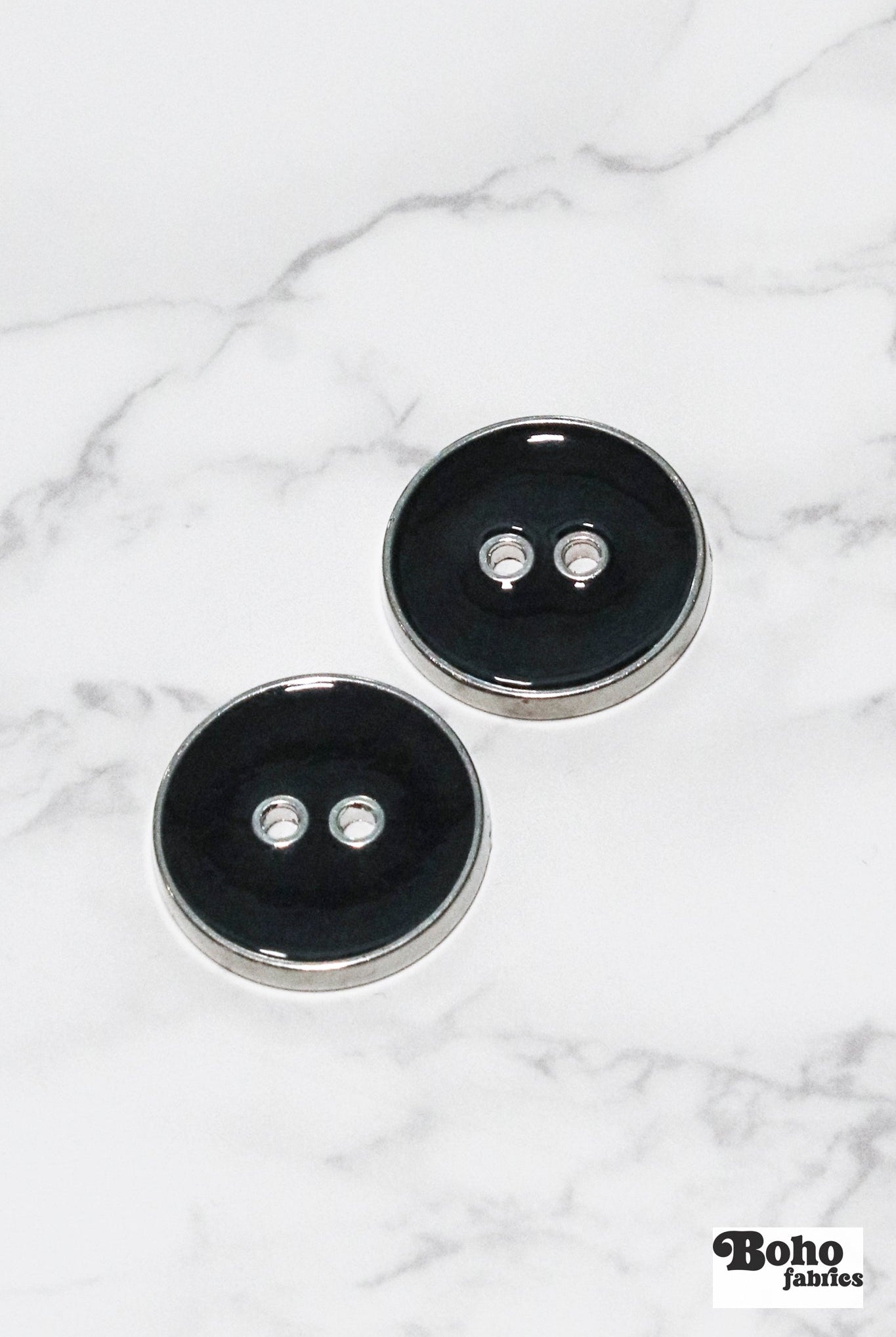 Dark Charcoal Silver Rimmed Two - hole Buttons. Available in 12.5mm (20L), 15mm (24L), 23mm (36L), and 25mm (40L) - Boho Fabrics - Buttons & Snaps