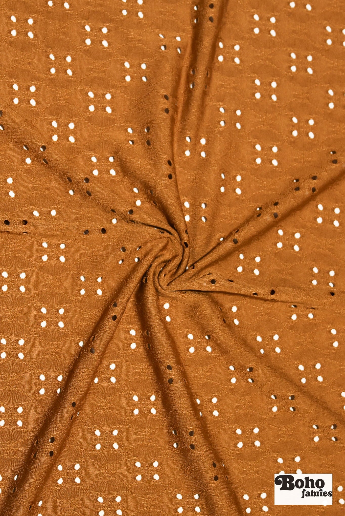 Deep Ochre, Butterfly Eyelet Jersey Knit Fabric - Boho Fabrics - Knit Fabric