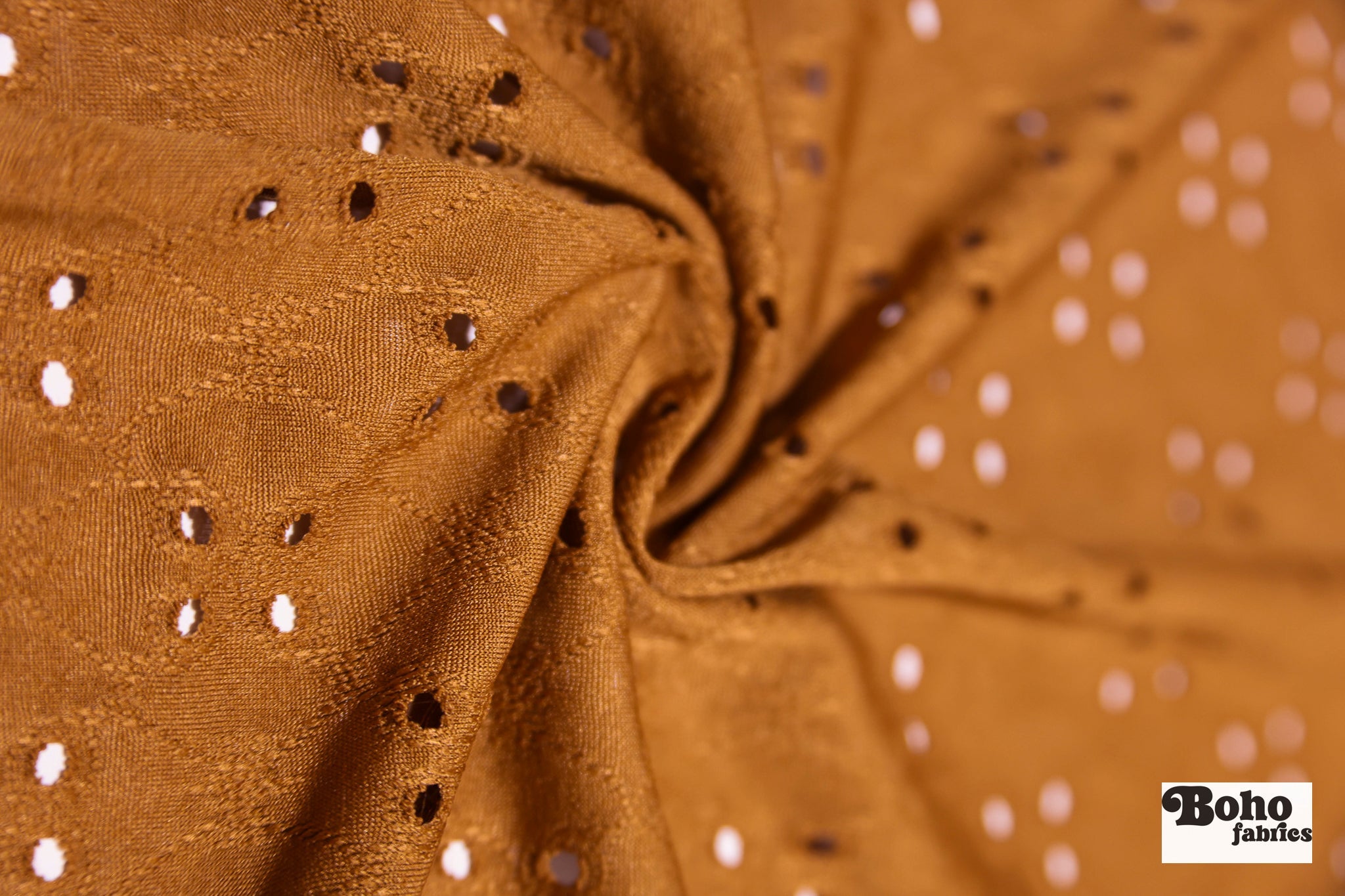 Deep Ochre, Butterfly Eyelet Jersey Knit Fabric - Boho Fabrics - Knit Fabric