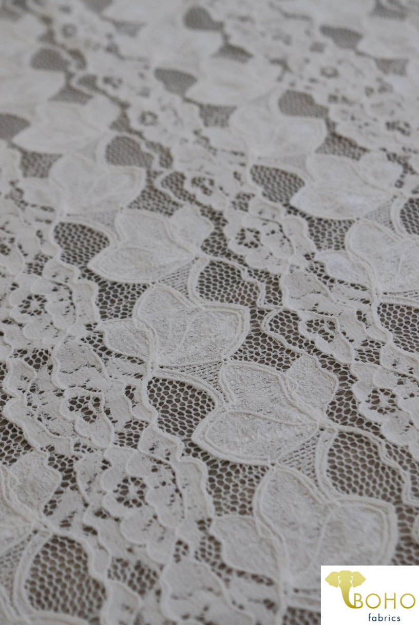 Delicate Leaves and Floral Stripes in White. Stretch Lace Knit. SL-113 - Boho Fabrics