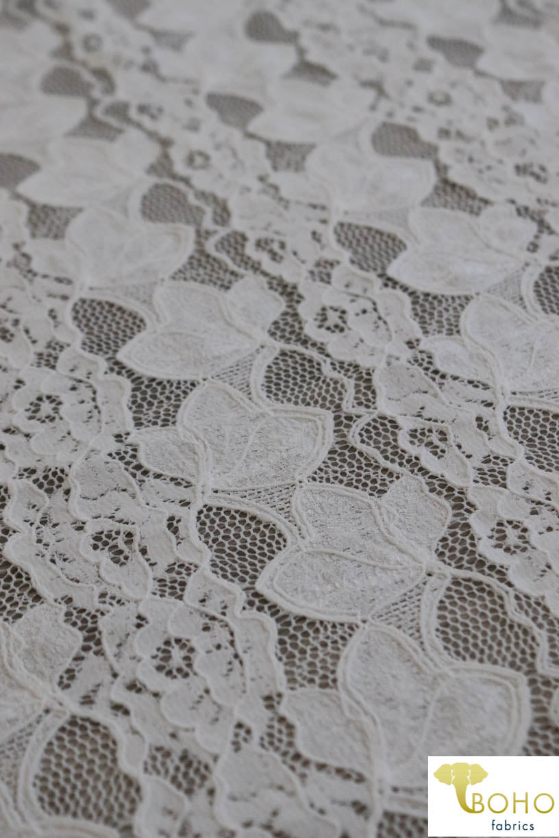 Delicate Leaves and Floral Stripes in White. Stretch Lace Knit. SL-113 - Boho Fabrics