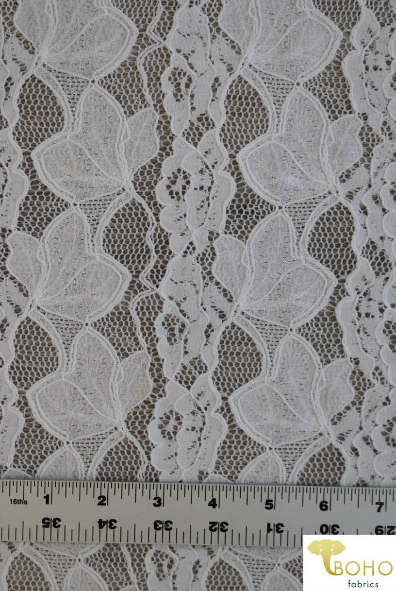 Delicate Leaves and Floral Stripes in White. Stretch Lace Knit. SL-113 - Boho Fabrics