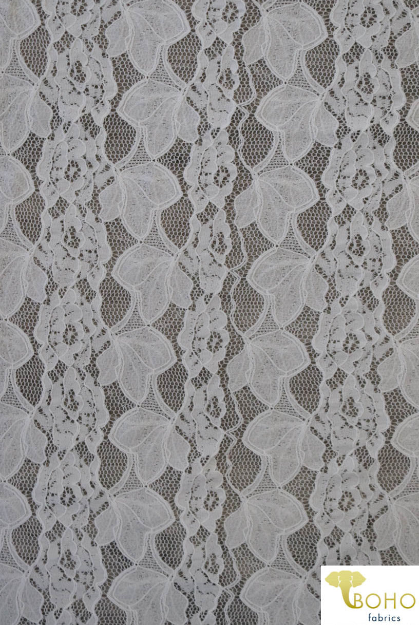 Delicate Leaves and Floral Stripes in White. Stretch Lace Knit. SL-113 - Boho Fabrics