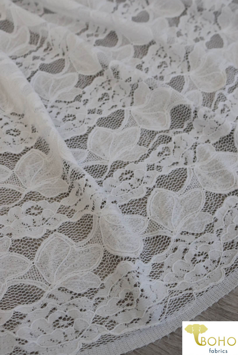 Delicate Leaves and Floral Stripes in White. Stretch Lace Knit. SL-113 - Boho Fabrics