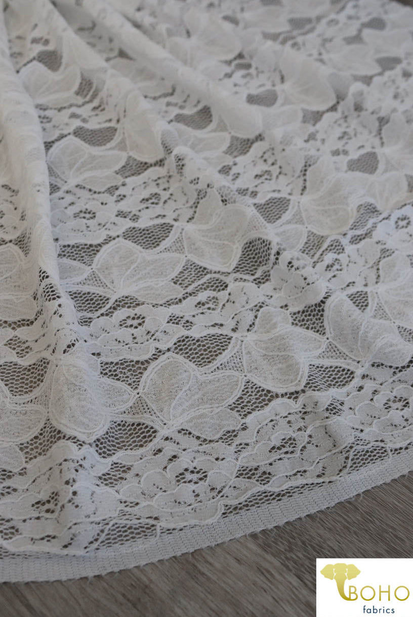 Delicate Leaves and Floral Stripes in White. Stretch Lace Knit. SL-113 - Boho Fabrics