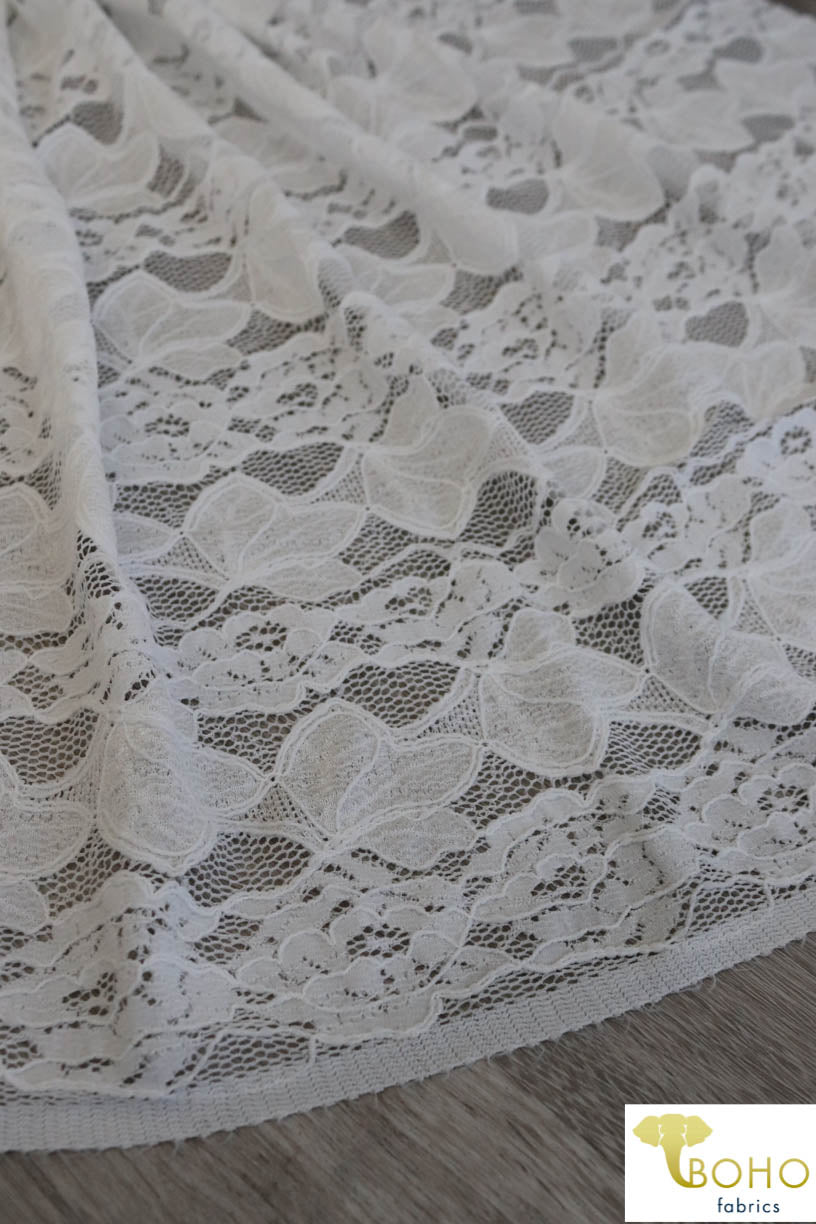 Delicate Leaves and Floral Stripes in White. Stretch Lace Knit. SL-113 - Boho Fabrics