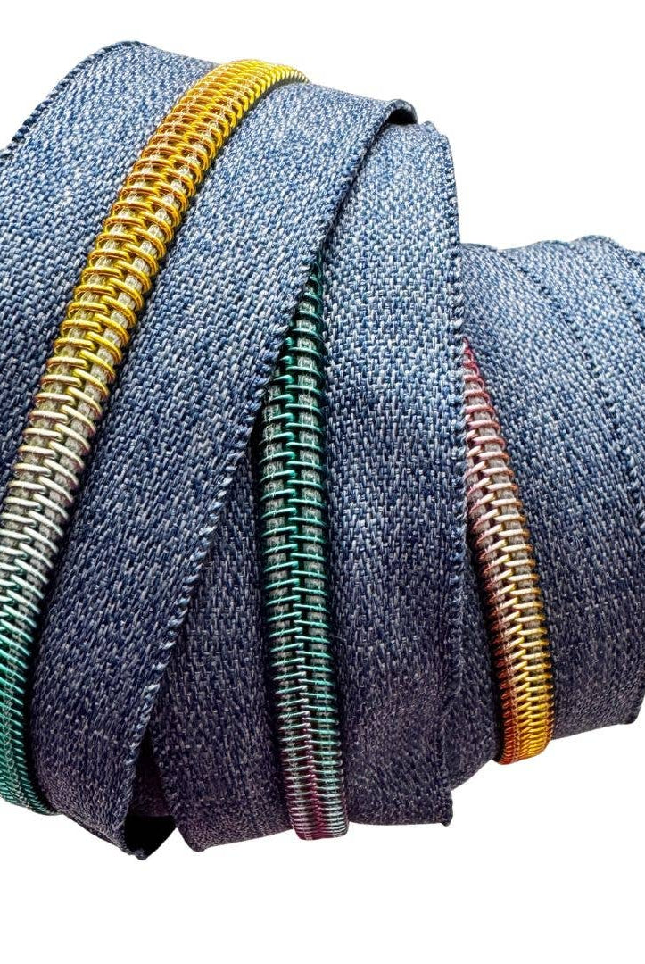 Denim Blue Nylon Zipper Tape with Rainbow Teeth - 3 Yards - Boho Fabrics - Zippers