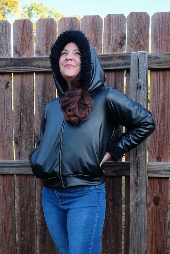 Designer Black Faux Leather, Knit Fabric - Boho Fabrics - Novelty Knit