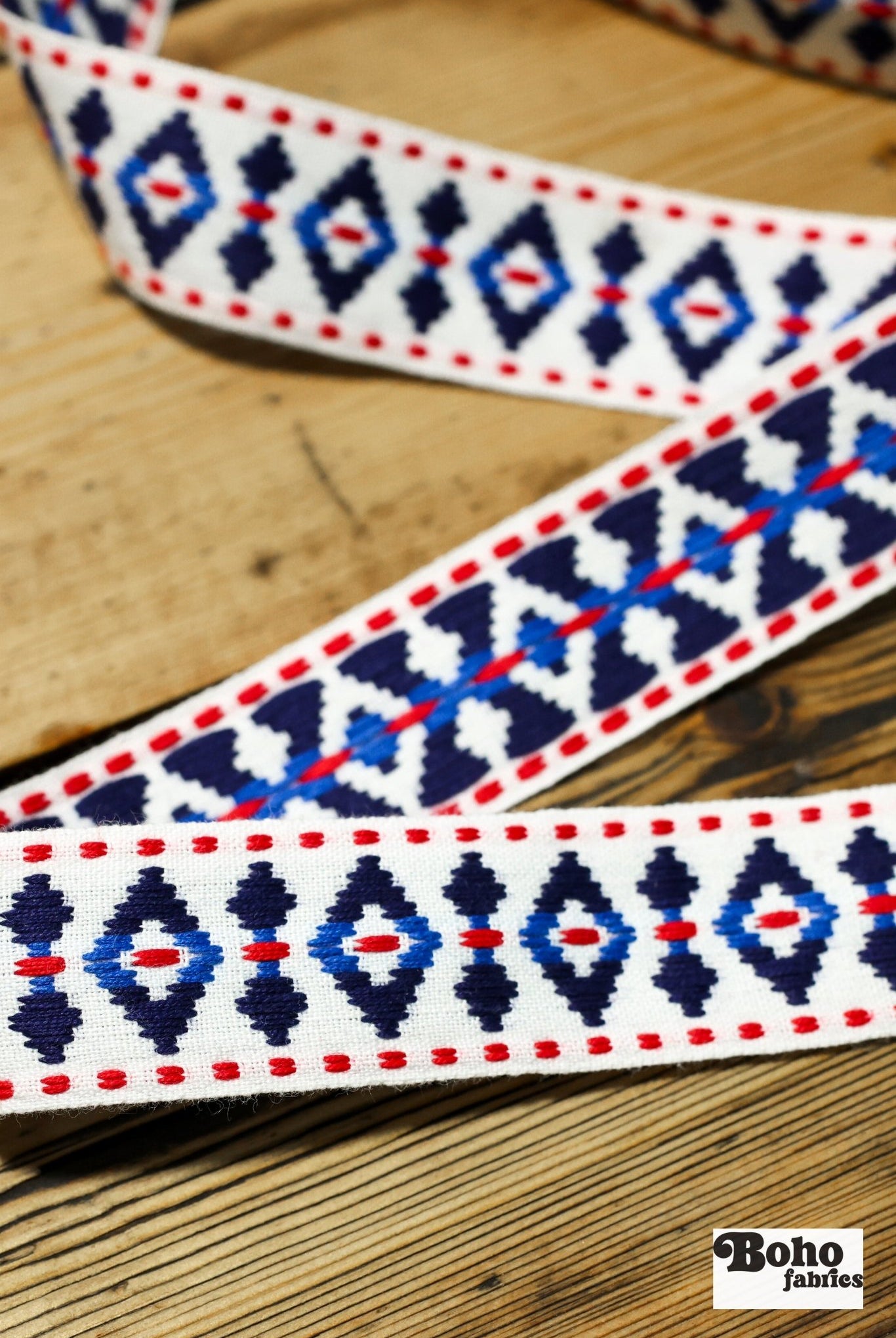 Diamond Blues, 1.25" Red White & Blue Woven Jacquard Trim.TRIM - 002 - Boho Fabrics - Trims