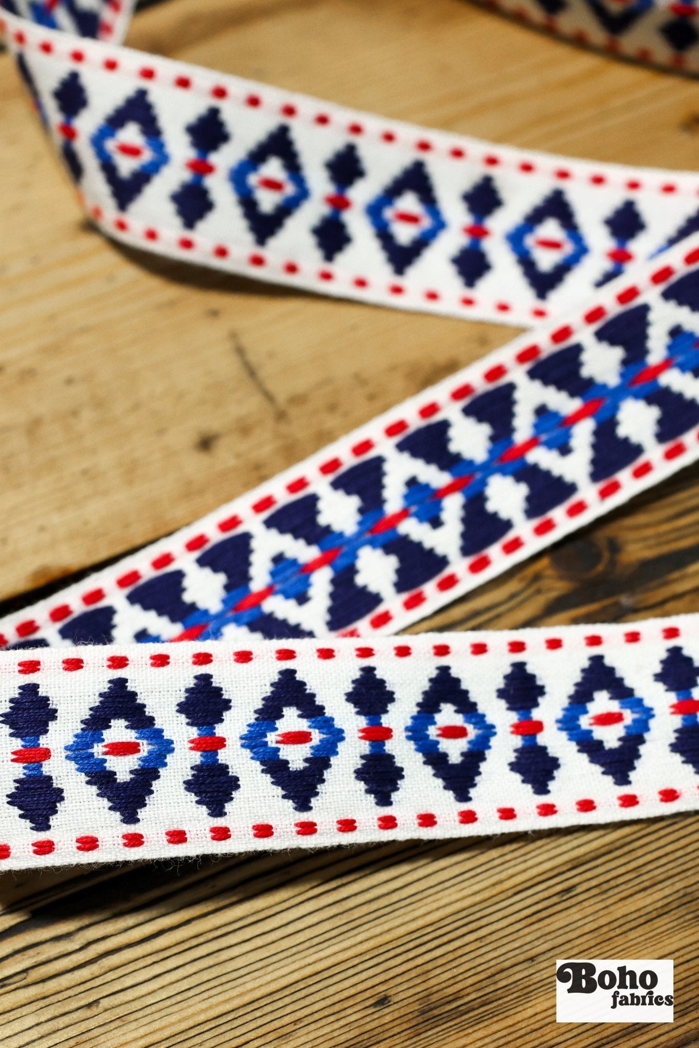 Diamond Blues, 1.25" Red White & Blue Woven Jacquard Trim.TRIM - 002 - Boho Fabrics - Trims