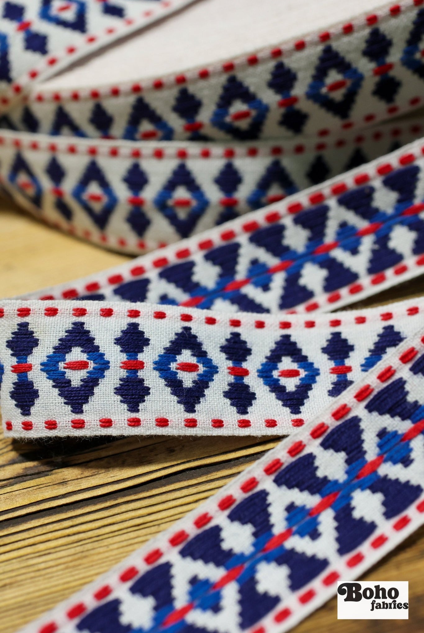 Diamond Blues, 1.25" Red White & Blue Woven Jacquard Trim.TRIM - 002 - Boho Fabrics - Trims