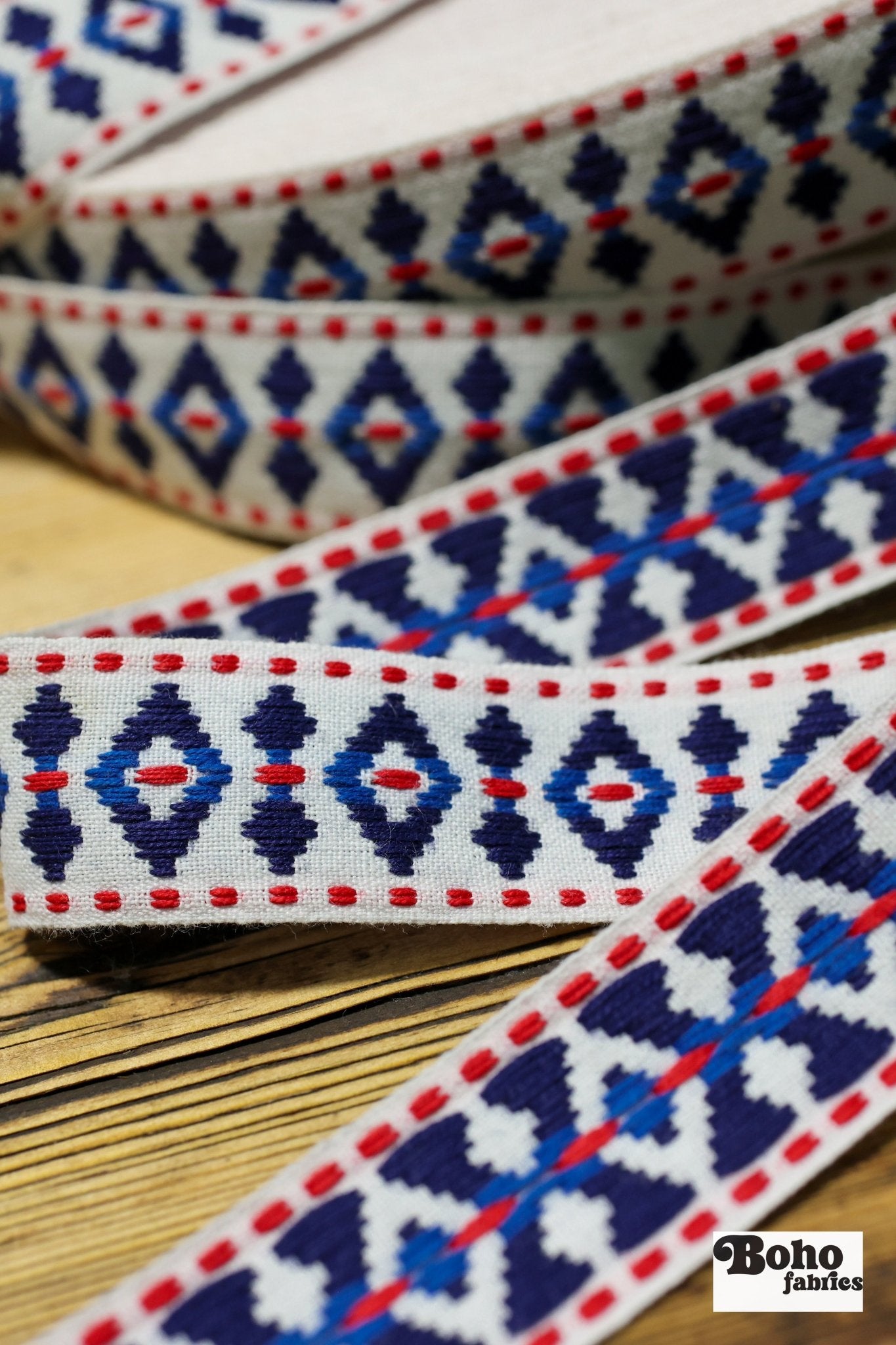Diamond Blues, 1.25" Red White & Blue Woven Jacquard Trim.TRIM - 002 - Boho Fabrics - Trims