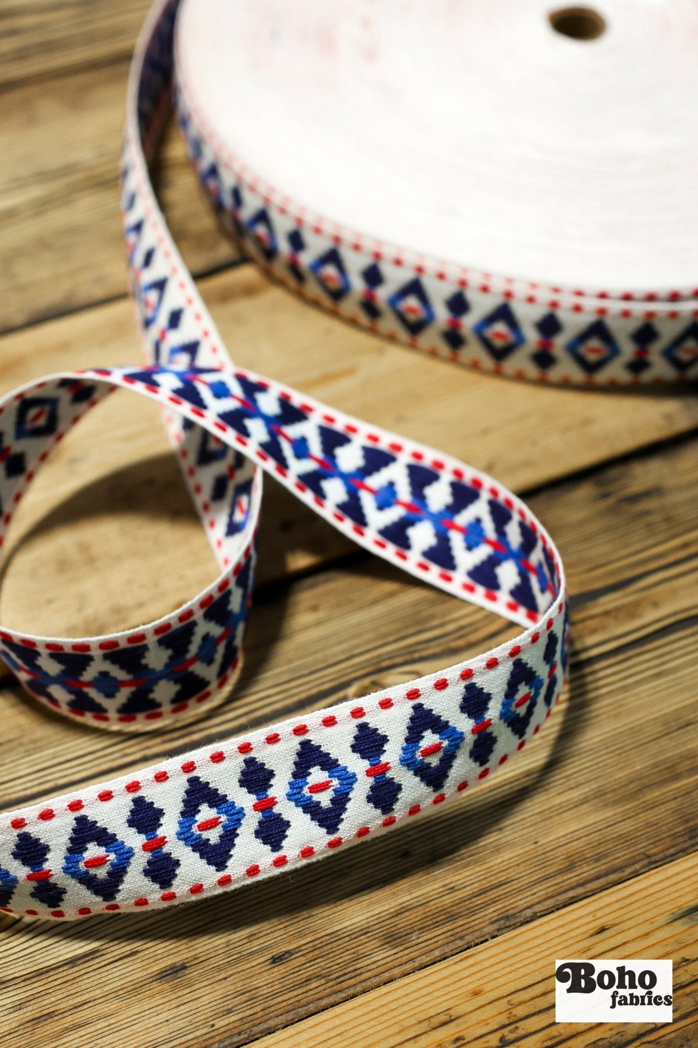 Diamond Blues, 1.25" Red White & Blue Woven Jacquard Trim.TRIM - 002 - Boho Fabrics - Trims