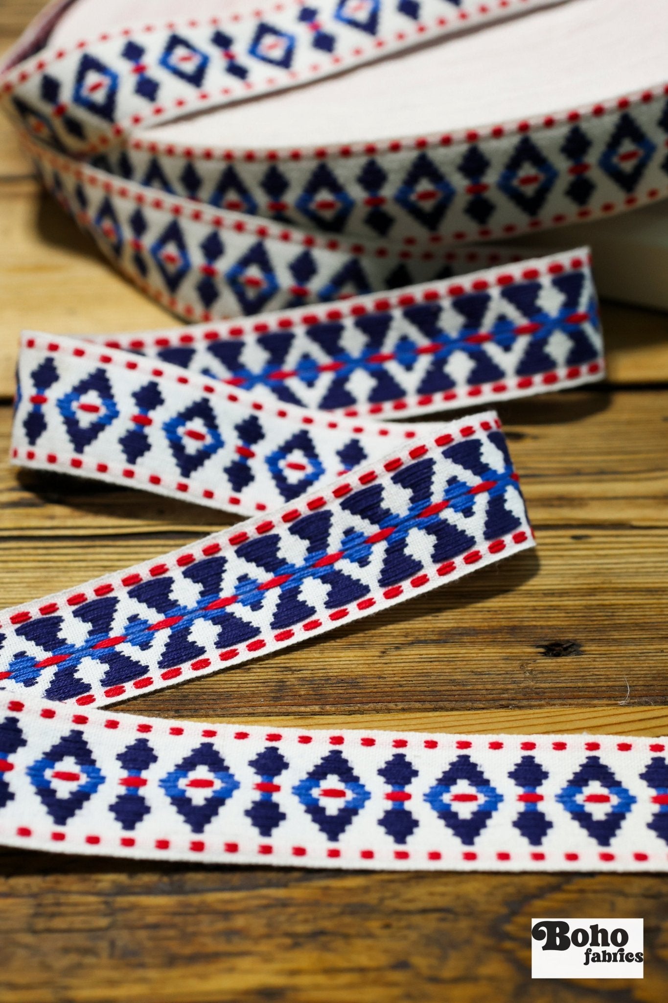 Diamond Blues, 1.25" Red White & Blue Woven Jacquard Trim.TRIM - 002 - Boho Fabrics - Trims