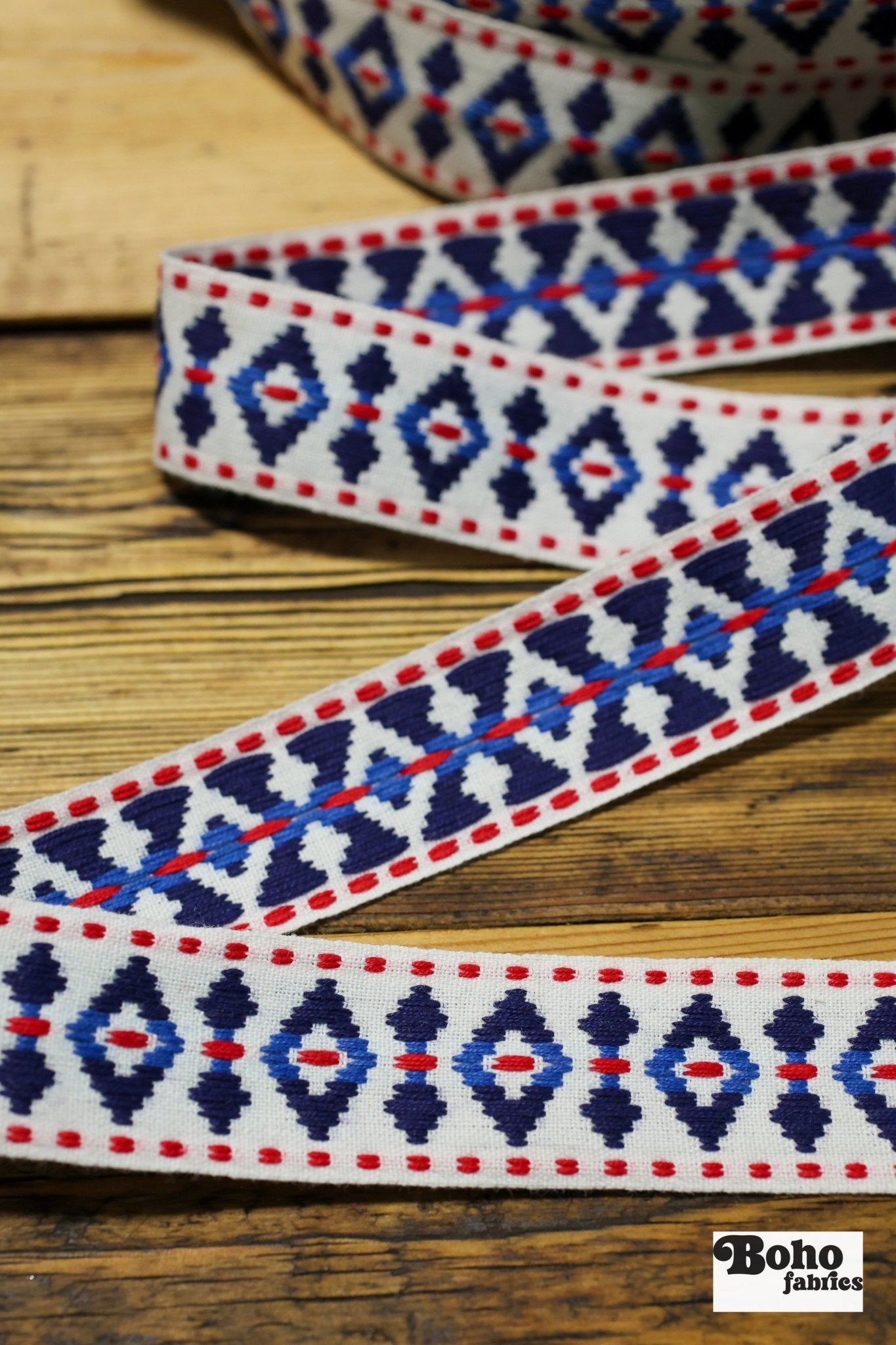 Diamond Blues, 1.25" Red White & Blue Woven Jacquard Trim.TRIM - 002 - Boho Fabrics - Trims