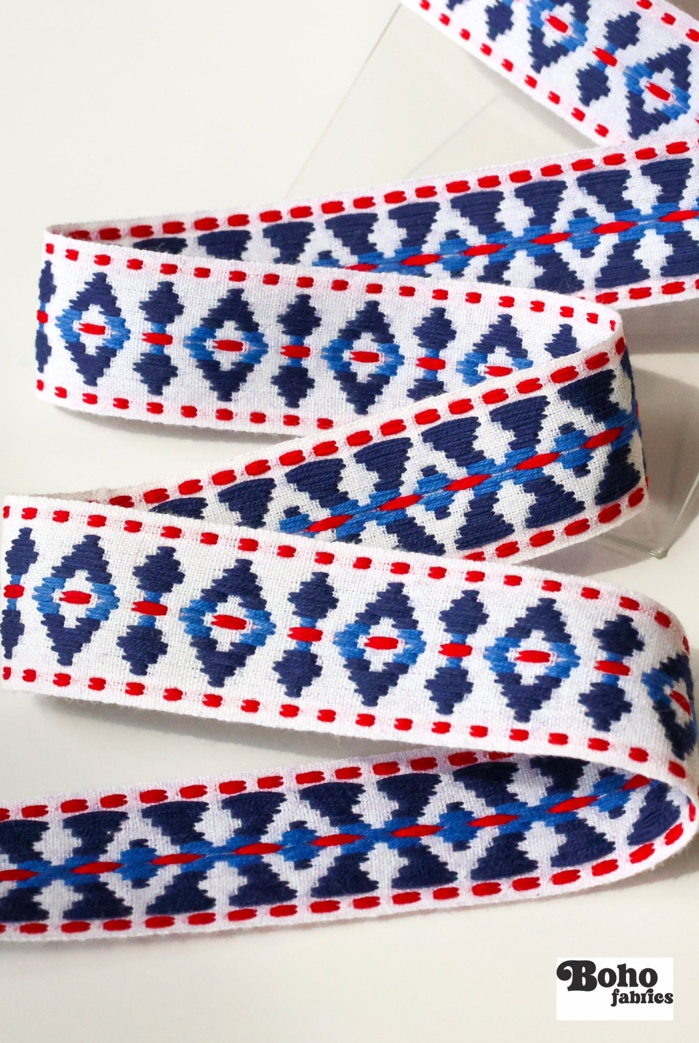 Diamond Blues, 1.25" Red White & Blue Woven Jacquard Trim.TRIM - 002 - Boho Fabrics - Trims