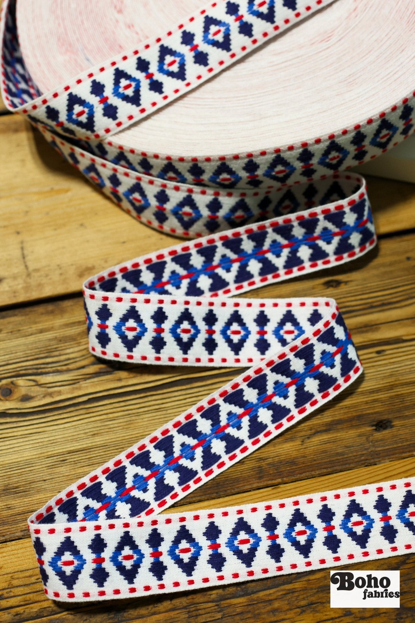 Diamond Blues, 1.25" Red White & Blue Woven Jacquard Trim.TRIM - 002 - Boho Fabrics - Trims