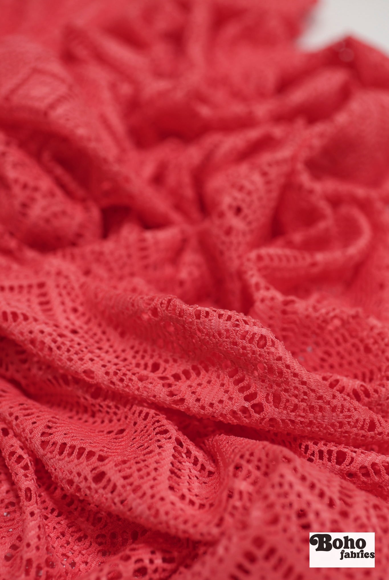 Diamond Eyes in Coral, Stretch Lace Fabric - Boho Fabrics - Stretch Lace Fabric