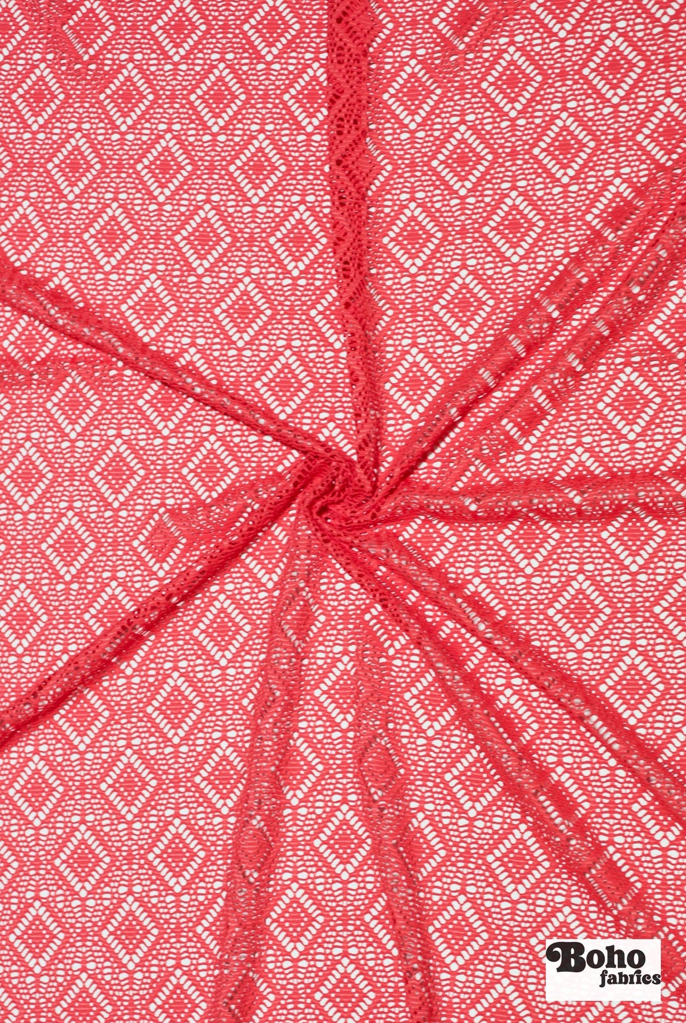 Diamond Eyes in Coral, Stretch Lace Fabric - Boho Fabrics - Stretch Lace Fabric
