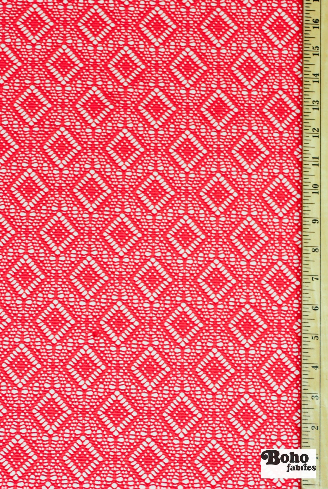Diamond Eyes in Neon Coral, Stretch Lace Fabric - Boho Fabrics - Stretch Lace Fabric