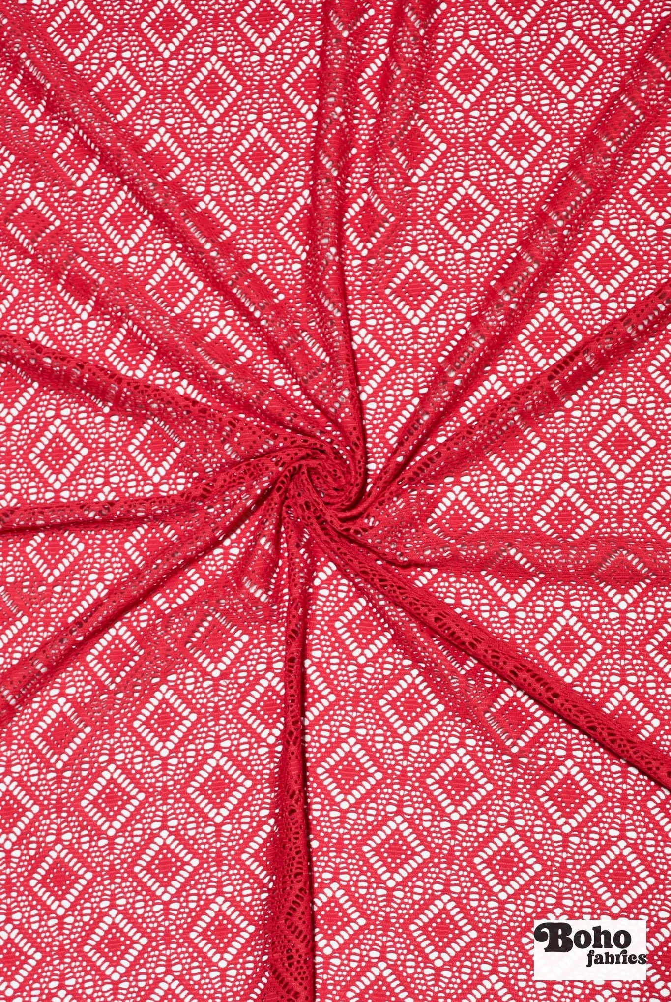 Diamond Eyes in Strawberry, Stretch Lace Fabric - Boho Fabrics - Stretch Lace Fabric